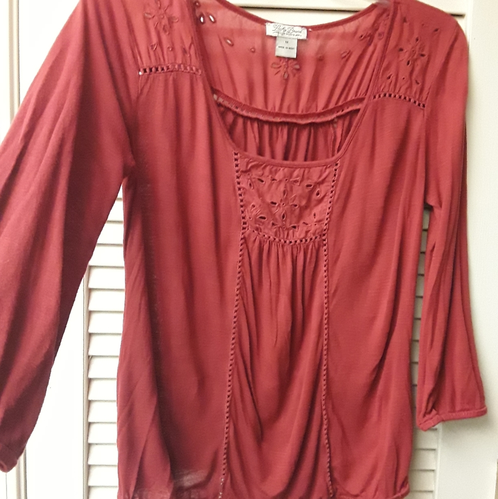 Orange Rust Eyelet Peasant Boho Top M Lucky - image 1